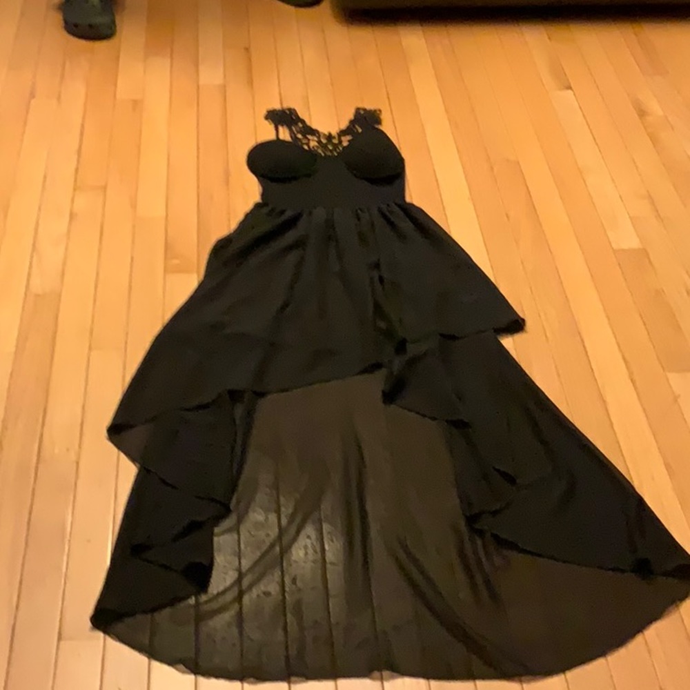 Evening high low black dress with lace back